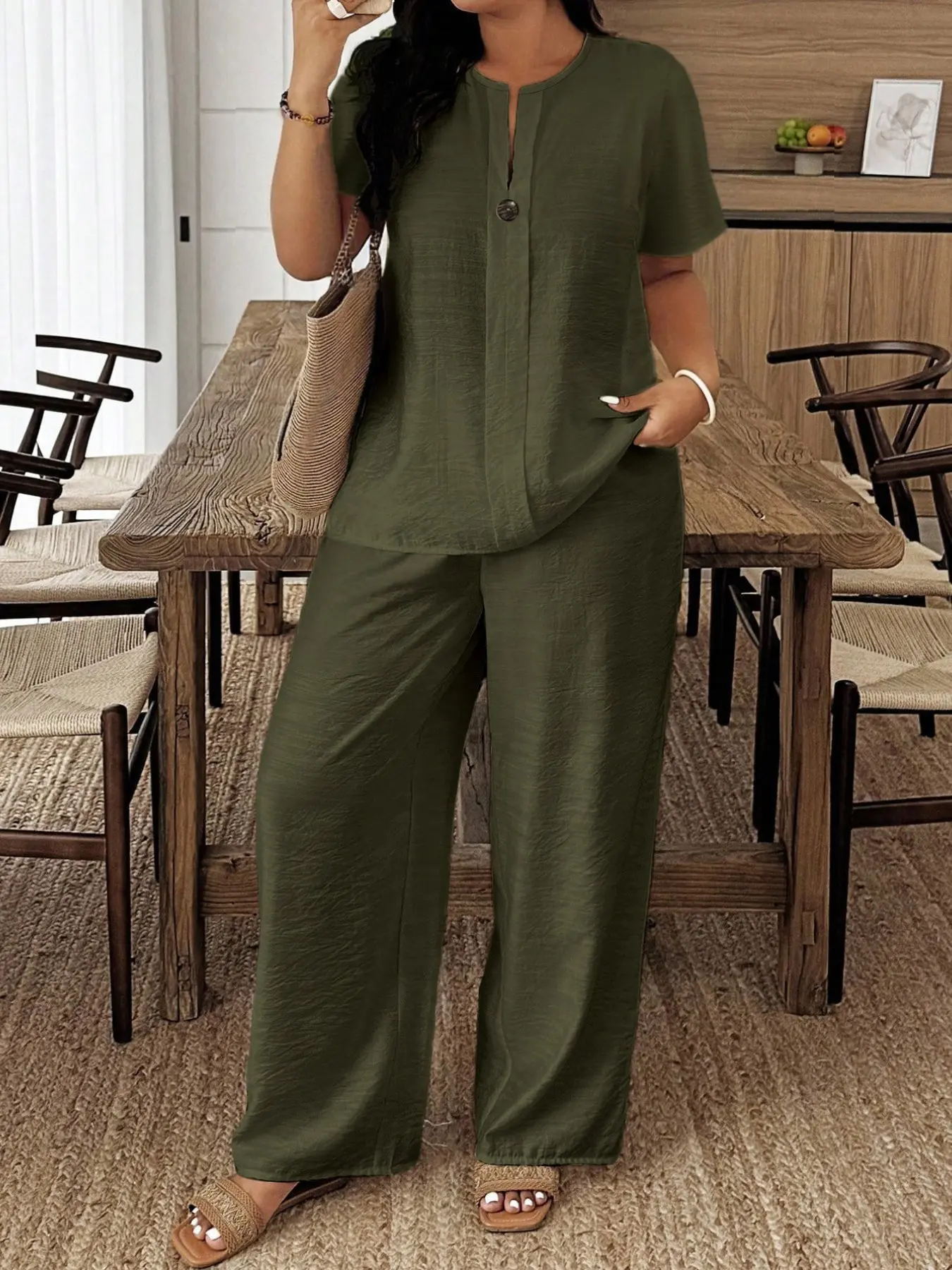 Spring & Summer New Plus Size Women's Casual Fit Long Sleeve Shirt & Loose Baggy Pants Set for Vacation & Daily Wear