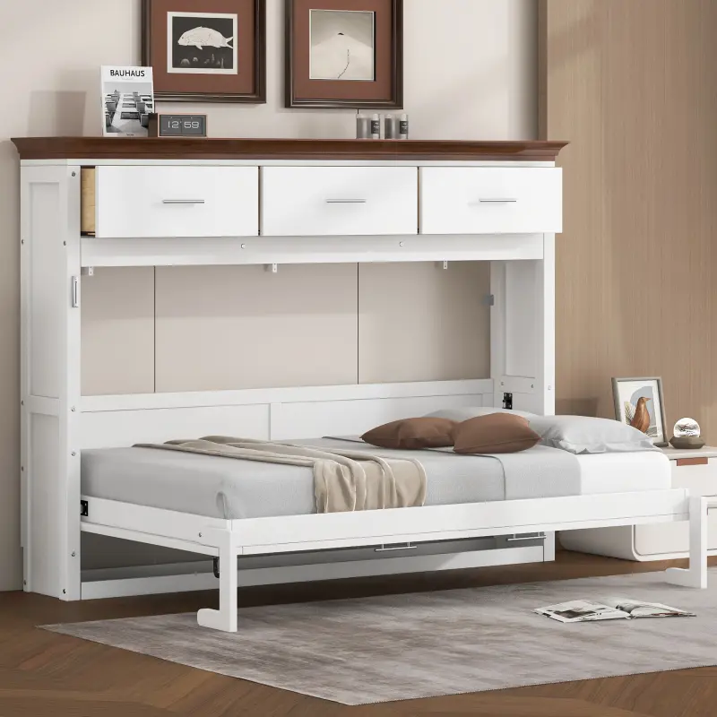 Twin Size Murphy Bed with 3 Storage Drawers, Wood Murphy Cabinet Bed, Twin Size Bed Frame Murphy Bed Chest, Twin Foldable Platform Bed, White
