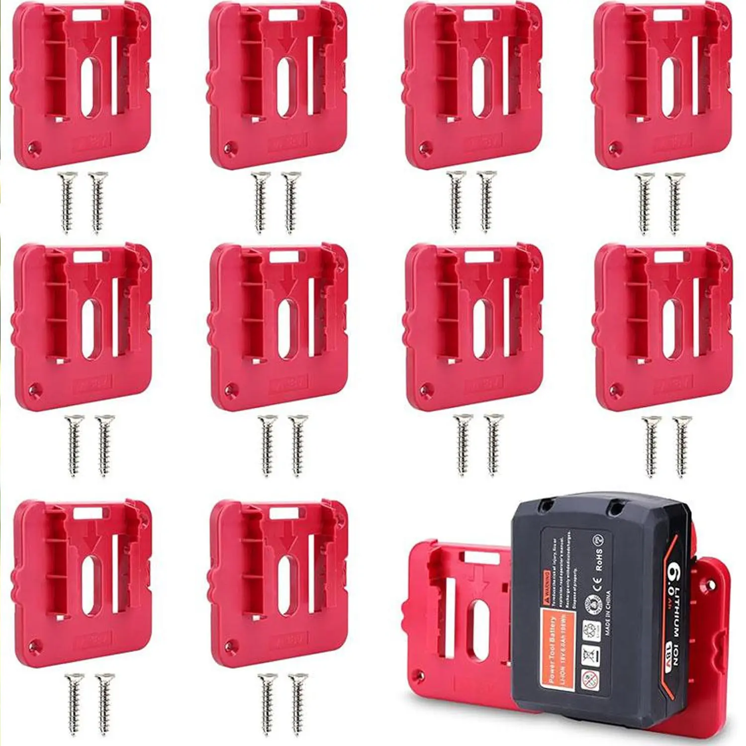 Milwaukee M18 18v Battery Holder, 10 Pcs Wall Mount Battery, Portable Organized Home Storage Stand for Toolbox Cabinet Tool Chest Organization, Compatible with M18 Batteries