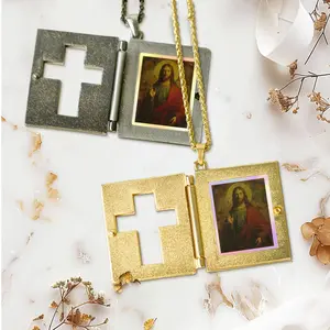 24" Gold-Plated Hollowed Cross Necklace Openable Bible Pendant Waterproof Design Christian Religious Party Jewelry Gift for Anniversary Engagement Birthday Holds Family PhotosValentine's Day giftValentine's Day