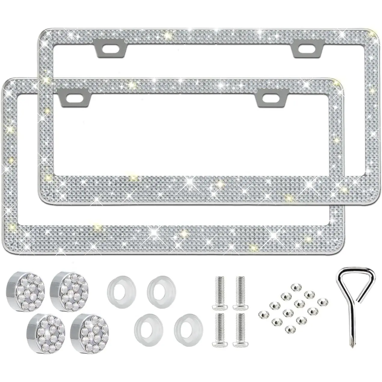 2 Pack Bling License Plate Frame for Women,Sparkly Rhinestone Stainless Steel License Plate Holder, Accessories with Glitter  Caps (White)