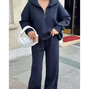 Athflow Matching Set 2024 |     Chic Half Zip Pullover with Wide Leg Pants, Trendy Streetwear Two-Piece