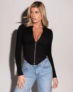 Black Long Sleeve Corsety Top - Mesh Fabric, Zipper Closure, Comfortable Design for Women's Wear, Full Coverage, Built-in Shelf Bra, Versatile Fit