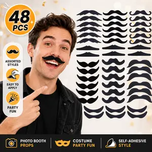 48 Pcs Self-Adhesive Artificial Fiber Fake Mustaches - Festive Party Supplies, Photo Props for Halloween, Christmas Themed Costumes (Frenchman, Pirate), Face Stickers
