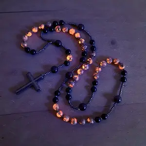 Serelune B Natural Obsidian Yooperlite Rosary UV Reactive Protection Hematite Stone Cross Pendant for her, for him necklace Fashionable Collarbone Chain elegant rhinestone gift sparkly Adjustable Heart Rate Couples Set Day woman party Daily Bible Verse