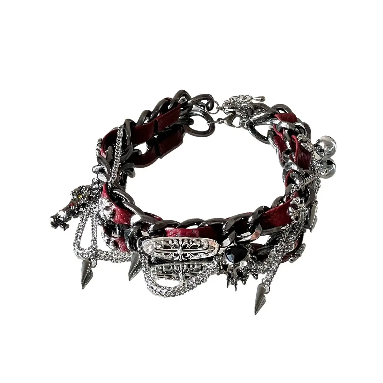 Gothic Punk Leather & Metal Chain Choker Necklace,Burgundy Woven Collar with Cross & Spike Charms,PU Leather Choker, Gothic Punk GrungeEmo Necklace, Halloween Christmas Jewelry Gift for Women, Y2K Alternative Jewelry for Women