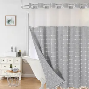 Gray Checkered Shower Curtain, Tassels Shower Curtain, Double Layers, No Hooks, Waterproof, Modern Minimalist Bathroom Decor, 72*75in