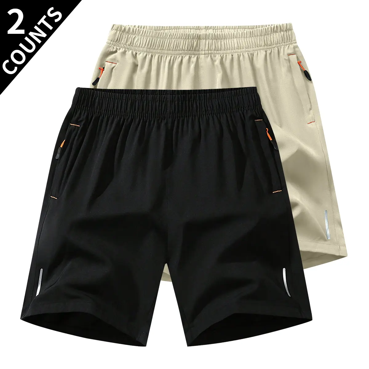 Men's 2-Pack Gym Athletic Shorts - Quick-Dry, Comfortable, Breathable in Gym, with Zipper Pockets, Reflective Stripes, Elastic Drawstring Waistband, Essential Fitness Gear