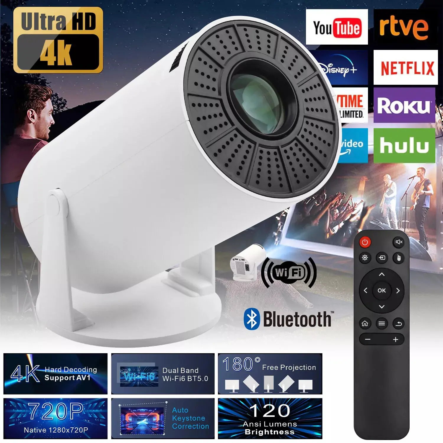 4K Mini Projector 10000 Lumen LED 1080P WiFi Bluetooth UHD Portable Home Theater Android Audio Wireless Remote Adjustable Watch Remote Control Automatic Cable Hdmi Usb