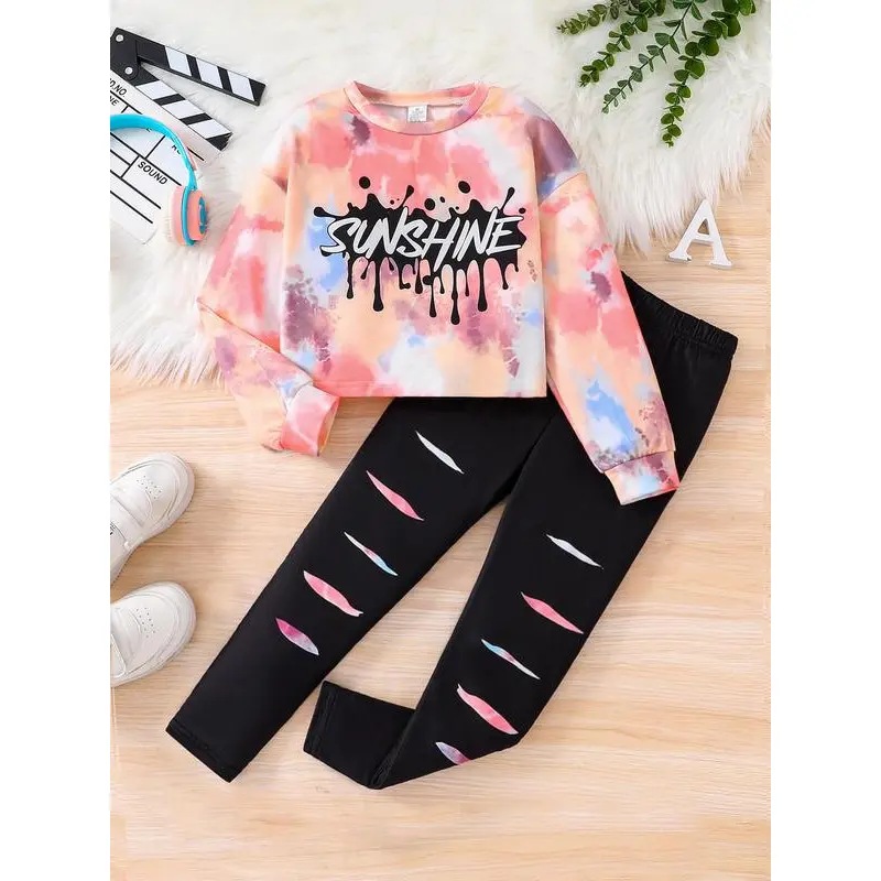 Girls' 2-Piece Letter Print Sweatshirt & Pants Set - Casual Drop Shoulder Long Sleeve Pullover, Daily Outdoor Autumn Wear