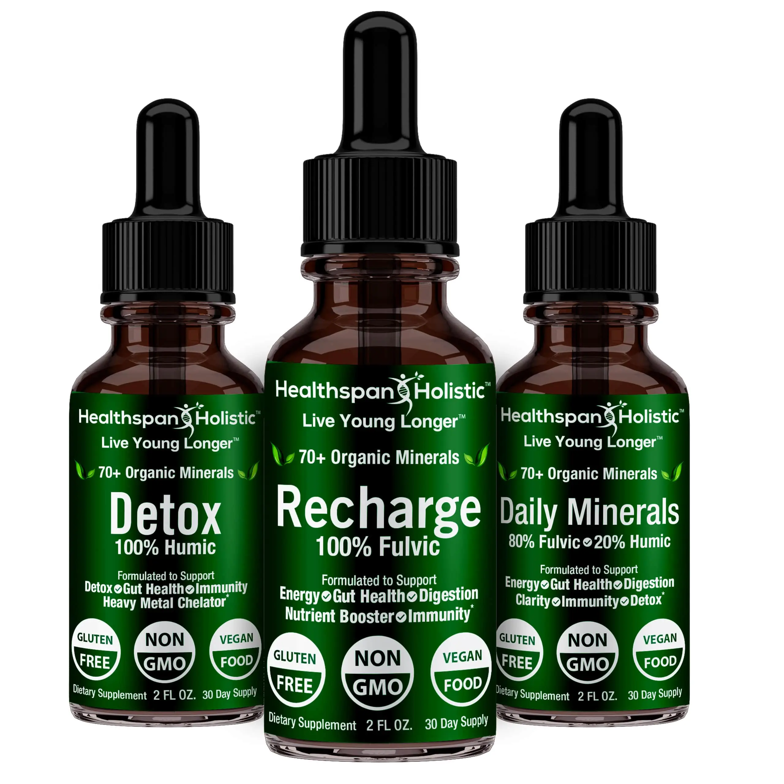 Healthspan Holistic 90 Day Detox & Recharge - 100% Fulvic & Humic Formula with 70+ Organic Minerals - Gluten Free Vegan Food Supplement