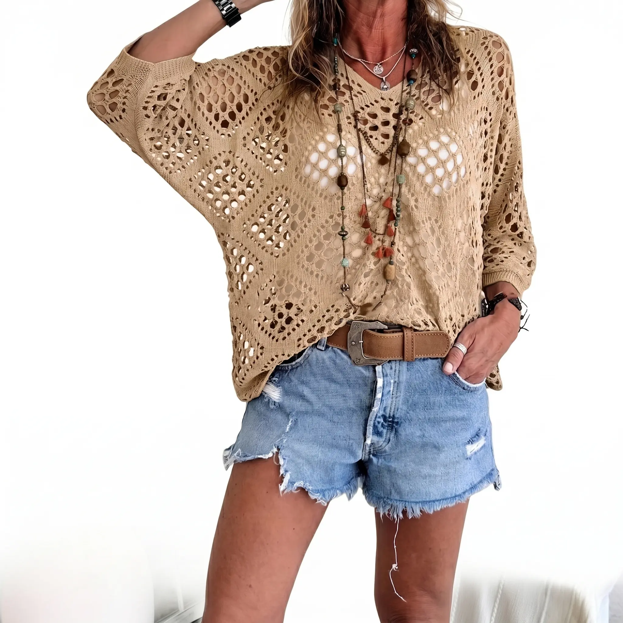 Women's Boho Crochet Knit Sweater 100% Cotton V Neck Long Sleeve Plus Size Hollow Out Pullover Over-Sized Top Casual Beach Cover Up