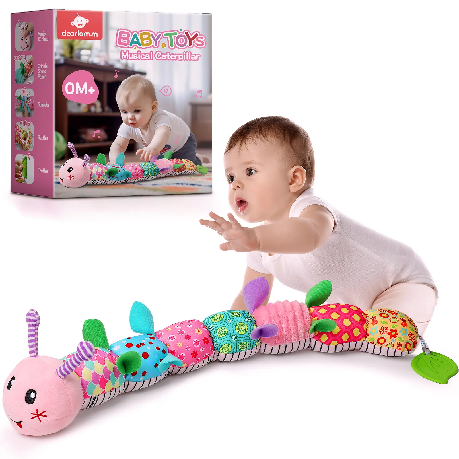 Dearlomum Newborn Baby Girl Gift Toys Infant Tummy Time Musical Stuffed Caterpillar with Crinkle Rattle Textures Purple White