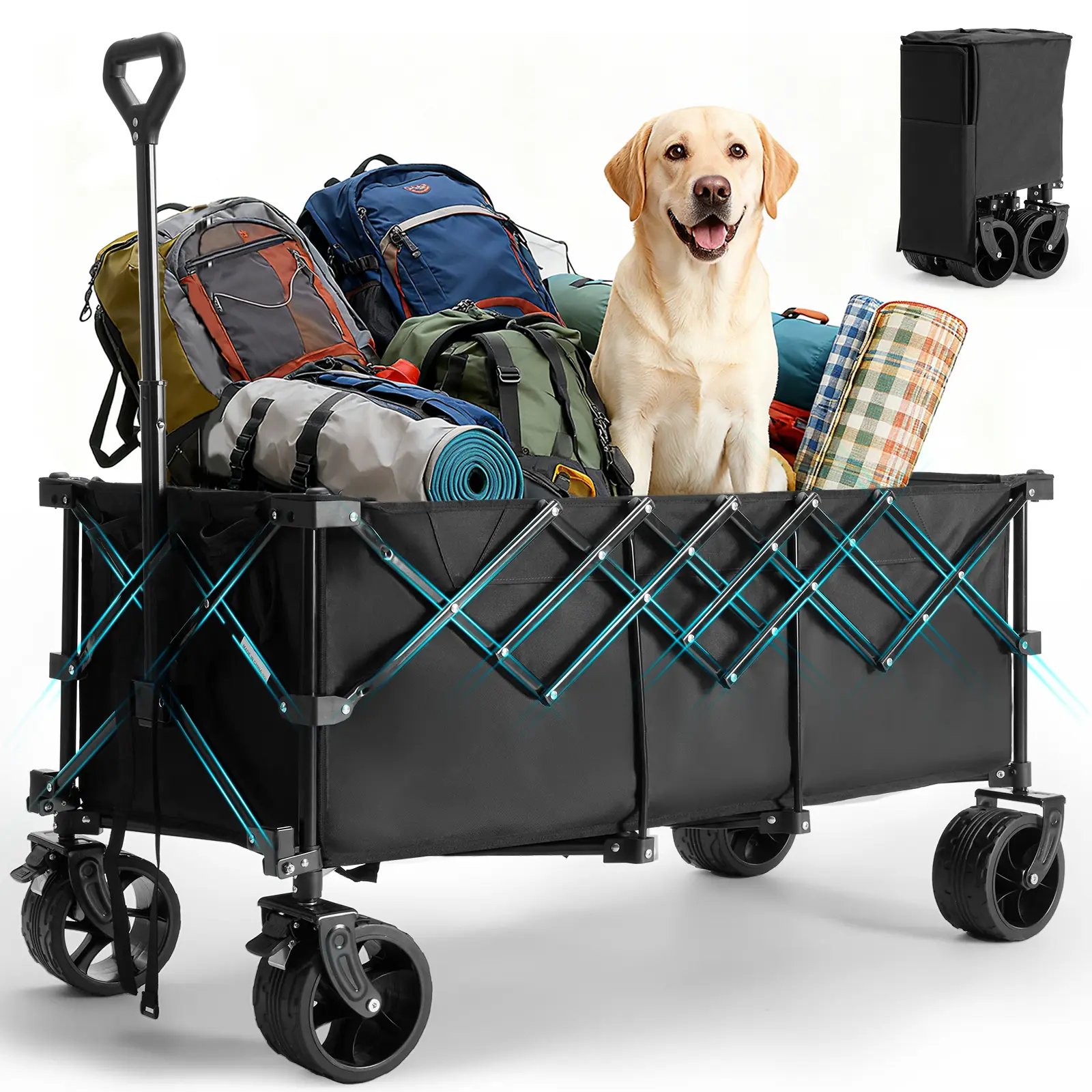 Collapsible Folding Wagon Cart, 440lbs Heavy-Duty Extra-Long Utility Trolley with Wheels, Portable Storage Grocery Cart for Camping, Shopping, Garden