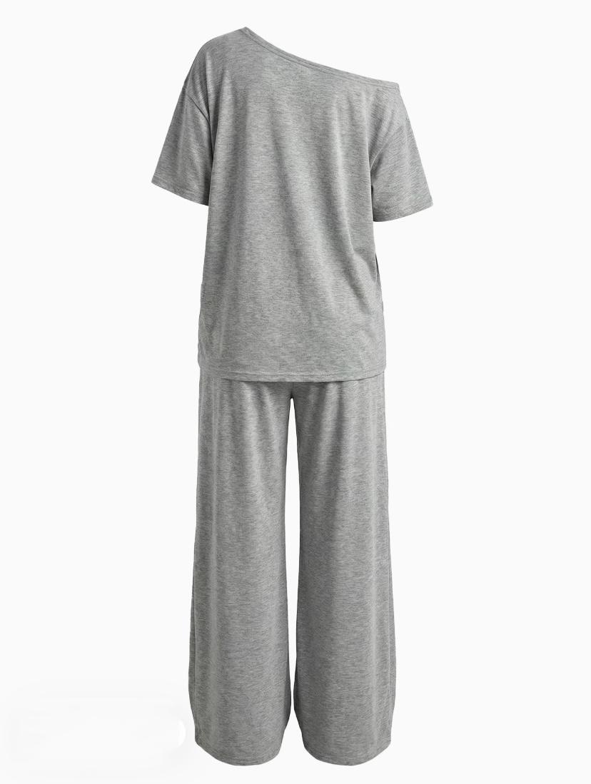2pcs/Set Women's Minimalist Basic Daily Wear Everyday Going Out Sport Comfortable Off Shoulder T-Shirt And Wide Leg Pants Two Pieces Outfits