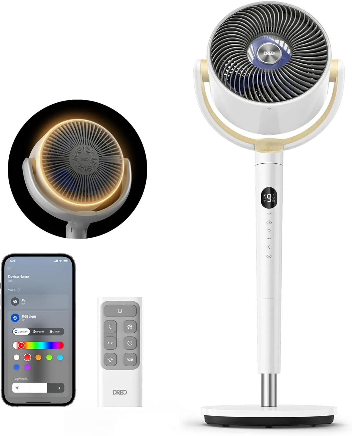 Smart Fan for Bedroom, 120° +120° Omni-Directional Oscillating Fans, 100ft Quiet Pedestal Fan with RGB Light, Different Speeds and Modes, 20dB, 8H Timer, Wi-Fi/Voice/Alexa, 35-40" Floor Fans with Remote