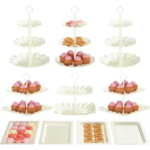10 PCS Cupcake Stand Holder Dessert Table Display Set 3 Tier Serving Trays for Tea Party Wedding Baby Shower Decorations BPA-Free Plastic Sturdy Round Square Stands
