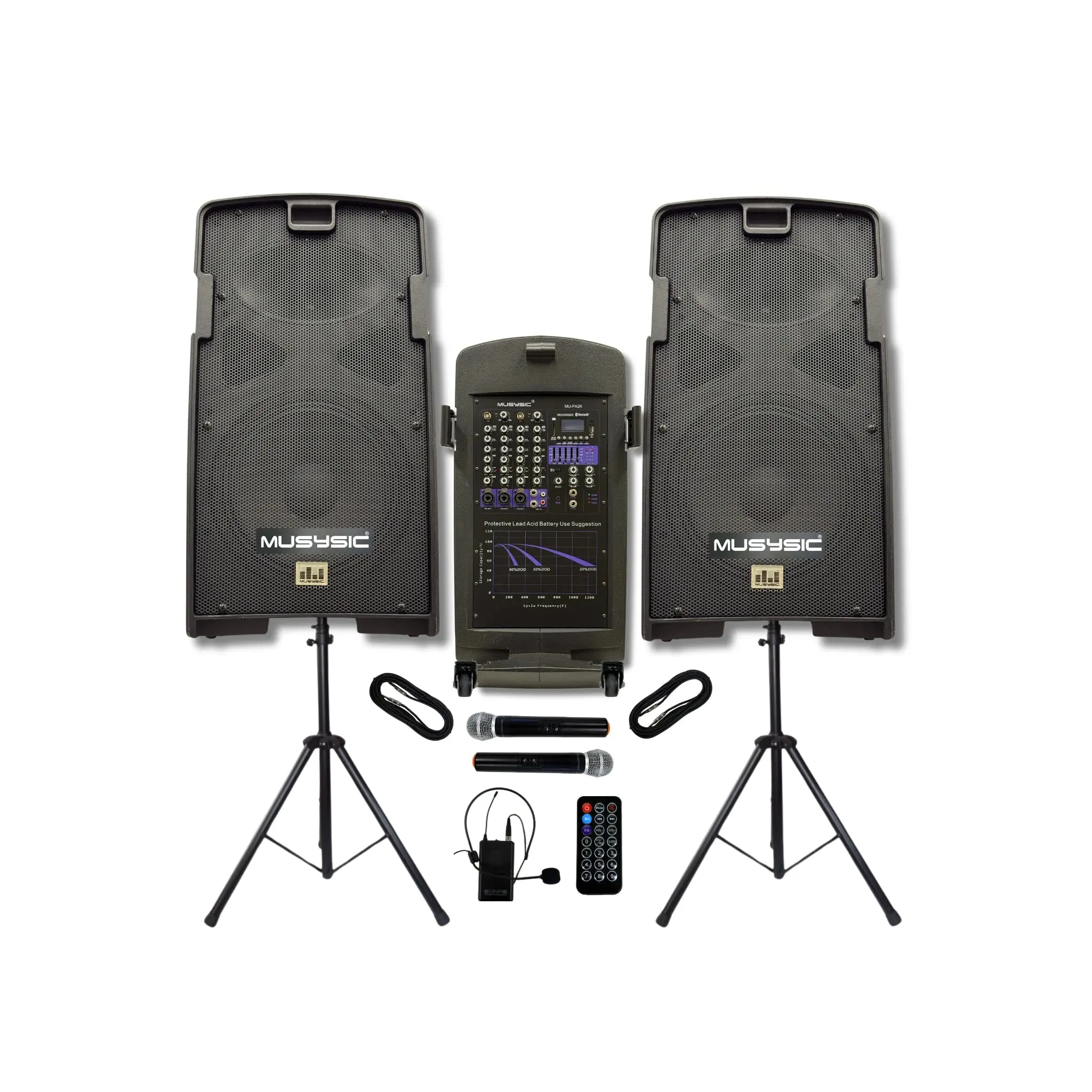 M-Port PA2K 2000W Portable PA System 5-CH Mixer, 10" Speakers 2 UHF Mics