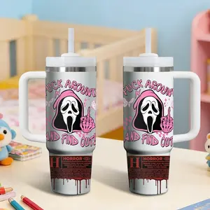 Horror Movie S-Scream Ghost Face Vacuum Flasks 40oz Stainless Steel Vacuum Insulated Tumbler with Handle and Straw - Leak Resistant Travel Coffee Mug - Keeps Cold for 24 Hours - Cupholder Friendly Water Cup for Gym and Office