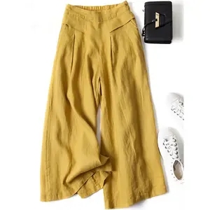 Linen wide-leg cropped pants, breathable thin loose linen culottes, ethnic style vintage trousers