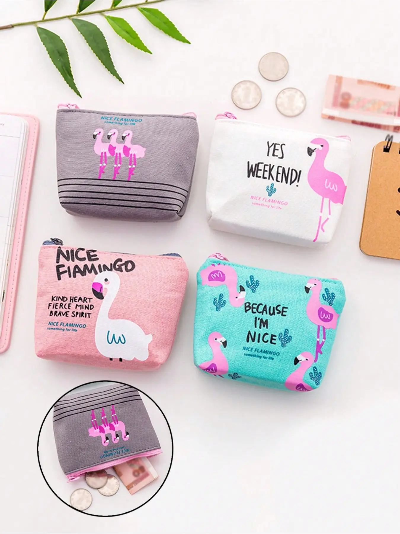 Flamingo Pattern Key Storage Bag Canvas Wallet Printed Canvas Animal Wallet Coin Purse Compact Student Zipper Reusable Suitable for Vacation Beach and Daily Life. It is the perfect gift for mothers, teachers, and friends. Portable Small Wallet,