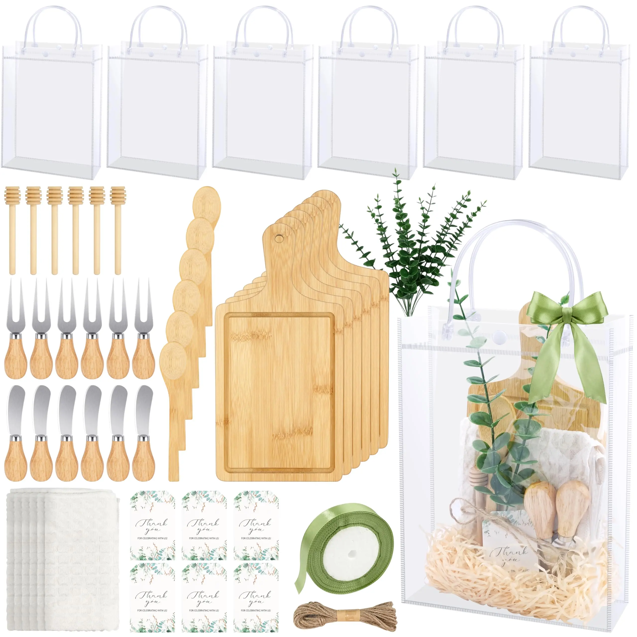 6 Sets Baby Shower Prizes for Game Winners Adults - 63 Pcs Mini Charcuterie Board Gift Set with Bamboo Cheese Boards, Knives, Eucalyptus & Clear Bags, Bulk Party Favors for Bridal Shower, Wedding Guest