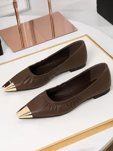 Elegant Women's Ballet Flats, French Style Low Heel Square Toe Shoes, Metal Head Design, Slip-On Evening Wear Footwear, Commuter Shoes, Office Shoes