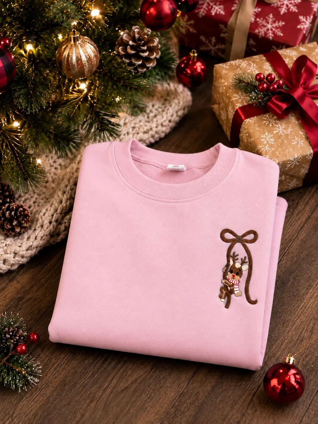Embroidered Reindeer Bow Christmas Sweatshirt