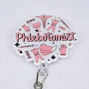 Phlebotomist with Pink Letters Acrylic Retractable Badge ID Reel Belt or Alligator Clip