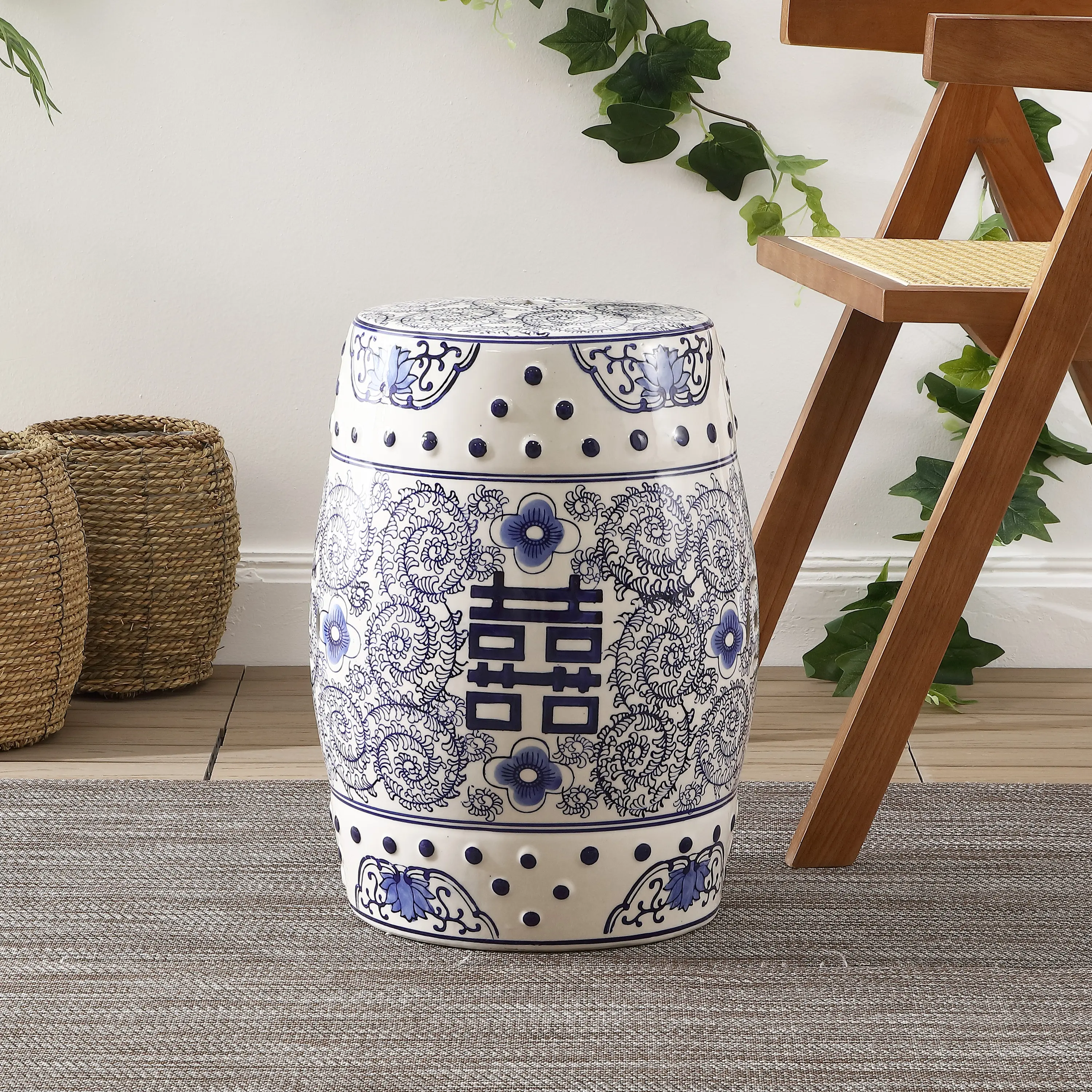 JONATHAN Y Double Happiness 18-in Blue and White Drum-Shaped Ceramic Outdoor Garden Stool - Classic Hollywood Regency, Fully Assembled Indoor-Outdoor Cocktail Table/Plant Stand with Vine Tabletop, 13.25in W x 13.25in D x 18in H