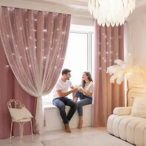 1pc Starry Light Effect Star Cutout Blackout Curtains High Density Weave pink Thermal Insulated Privacy Protect Same Color Both Sides Grommet Style