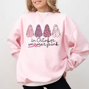 In October We Wear Pink Sweatshirt, Halloween Pink Ghost Shirt, Mean Girls Halloween Shirt, Breast Cancer Halloween Clothing Unisex
