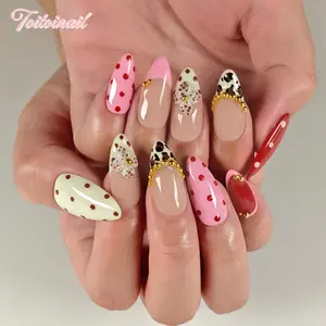 Berry Cow Handmade Press-On Nails | Short Almond Shape, 10pcs | Spring Summer Trending Red Pink Polka Dot Cow Print | Y2K Aesthetic & Baddie Nails | High Gloss Mirror Finish | Reusable DIY Manicure Kit for Women Daily Wear | Trendy Cute False Nails