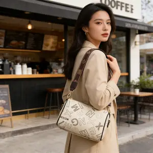 Monogram Print Crossbody Barrel Bag, Adjustable Wide Strap Shoulder Purse, Versatile Daily & Travel Bag for Women