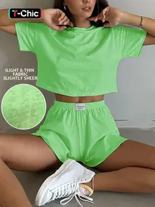 2-Piece Summer Pajama Set, Plain Loose-Fitting Casual, Semi-Transparent Top, Side Slit Shorts, Home Beach Resort Wear