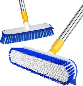 55" Extendable Floor Scrub Brush – 12" Heavy Duty Deck Brush with Squeegee for Tile Grout, Shower, Kitchen & Garage Floors