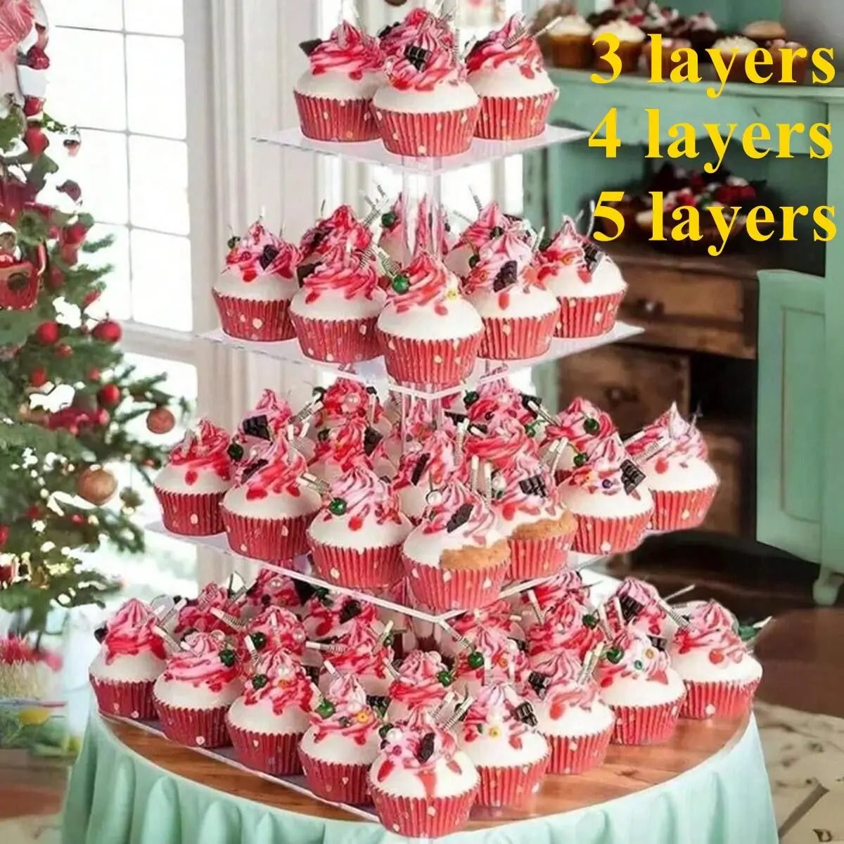 Acrylic Clear Cupcake Stand, Party Cake Stand, Three/four/five Tier Cake Holder, Square & Round Design, Perfect for Halloween Christmas Dessert Decoration Display
