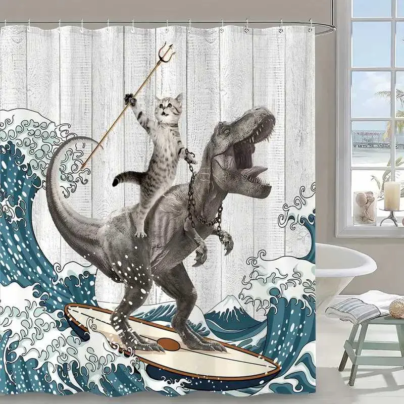 Dinosaur surfing cat design shower curtain, perfect for bathroom decoration, partitions, beautifying space, polyester durable material, easy to clean, machine washable, multiple sizes to choose from, shower curtain hook shot