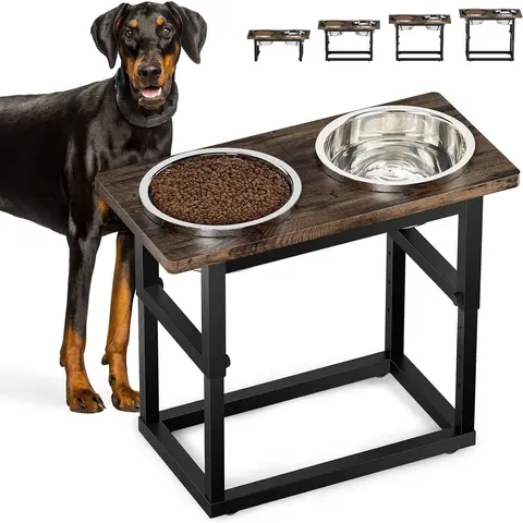 Elevated Stainless Steel Slow Feeder Bowl/Dish for Large Dogs, 5-Adjustable Height for Spinal Health, 2200 ml (2.2L) Durable & Stable Wood Dining Pet Feeding Supplies