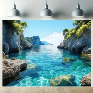 2D Flat Banner 1 piece extra-large ocean, mountain, and blue sky scenic photo backdrop, living room and bedroom party decoration, live streaming background