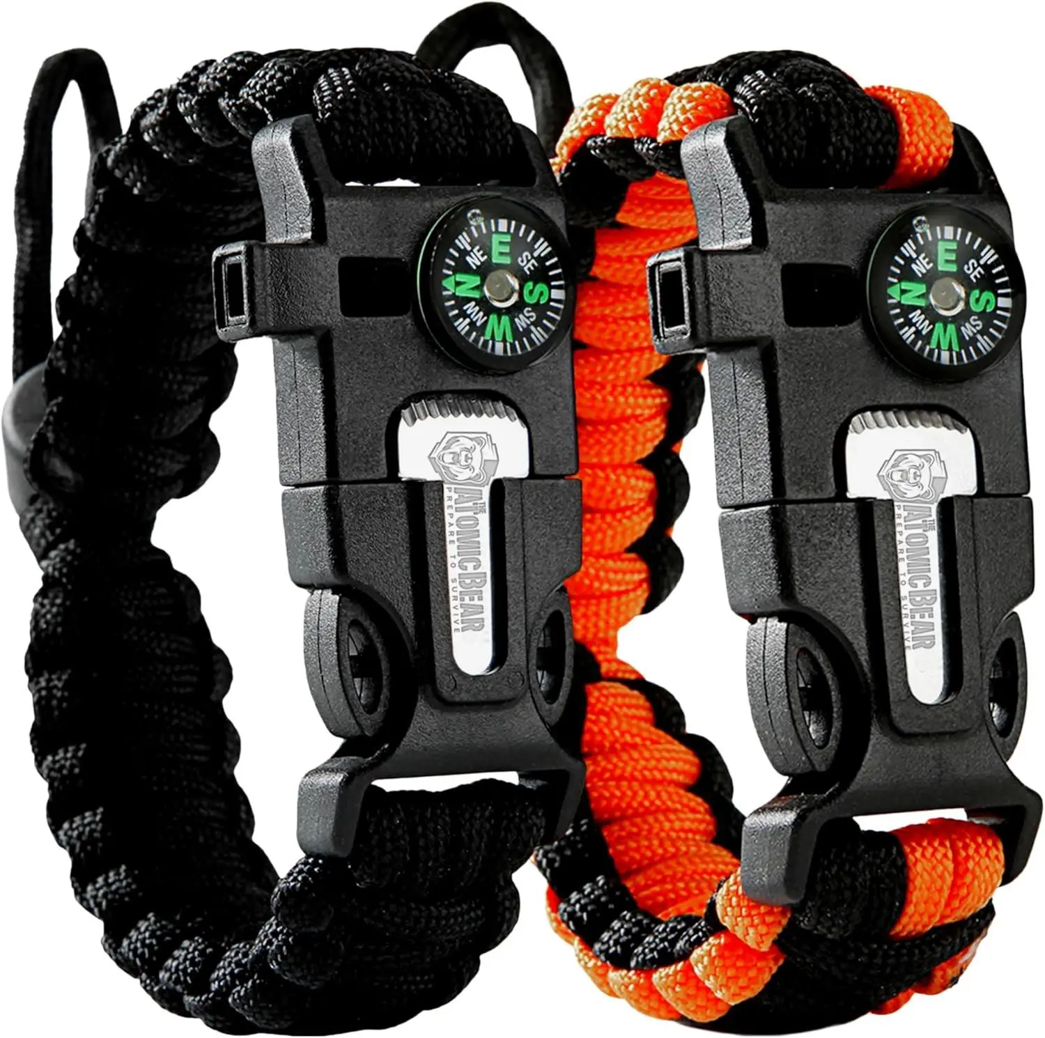 Paracord Bracelet 2 Pack Adjustable Fire Starter Loud Whistle for Hiking Camping Fishing Hunting Black & Black+Orange Outdoor Gear Emergency Survival Gear Survival Gear