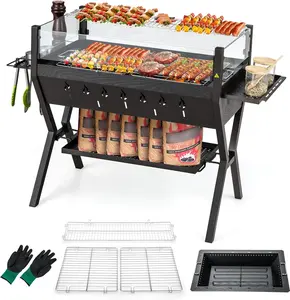 Costway Charcoal Grill with Transparent Glass Wind Guard, Heavy Duty BBQ Grill Campfire Pit, Fire Bowl, Side Spice Racks, Bottom Storage Shelf