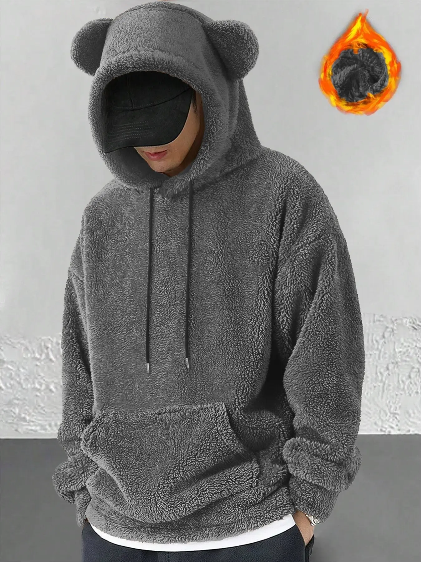 Men's Bear Ear Hoodie Sweatshirts, Soft Fleece Lined Fabric Loose Fit Pullover, Warm Winter Casual Wear, Cute Design, Kangaroo Pocket, Comfortable Fashion Essential