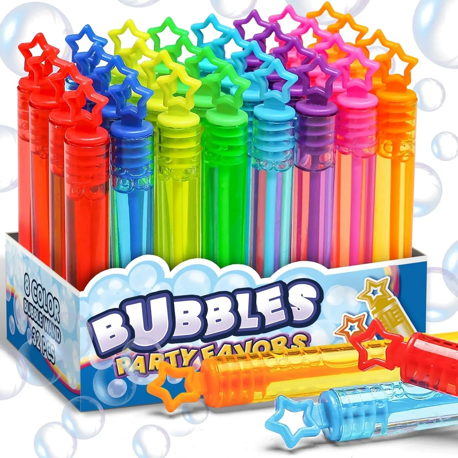 Halloween Fall Gift 32 Pcs 8 Colors Neon Bubbles Party Favors For Kids, Mini Star Bubble Wand Bulk In Gift Box as Goody Bags Stuffer, Classroom Giveaways, Carnival Prizes Toy, Birthday Treats, Party Supplies For Toddlers