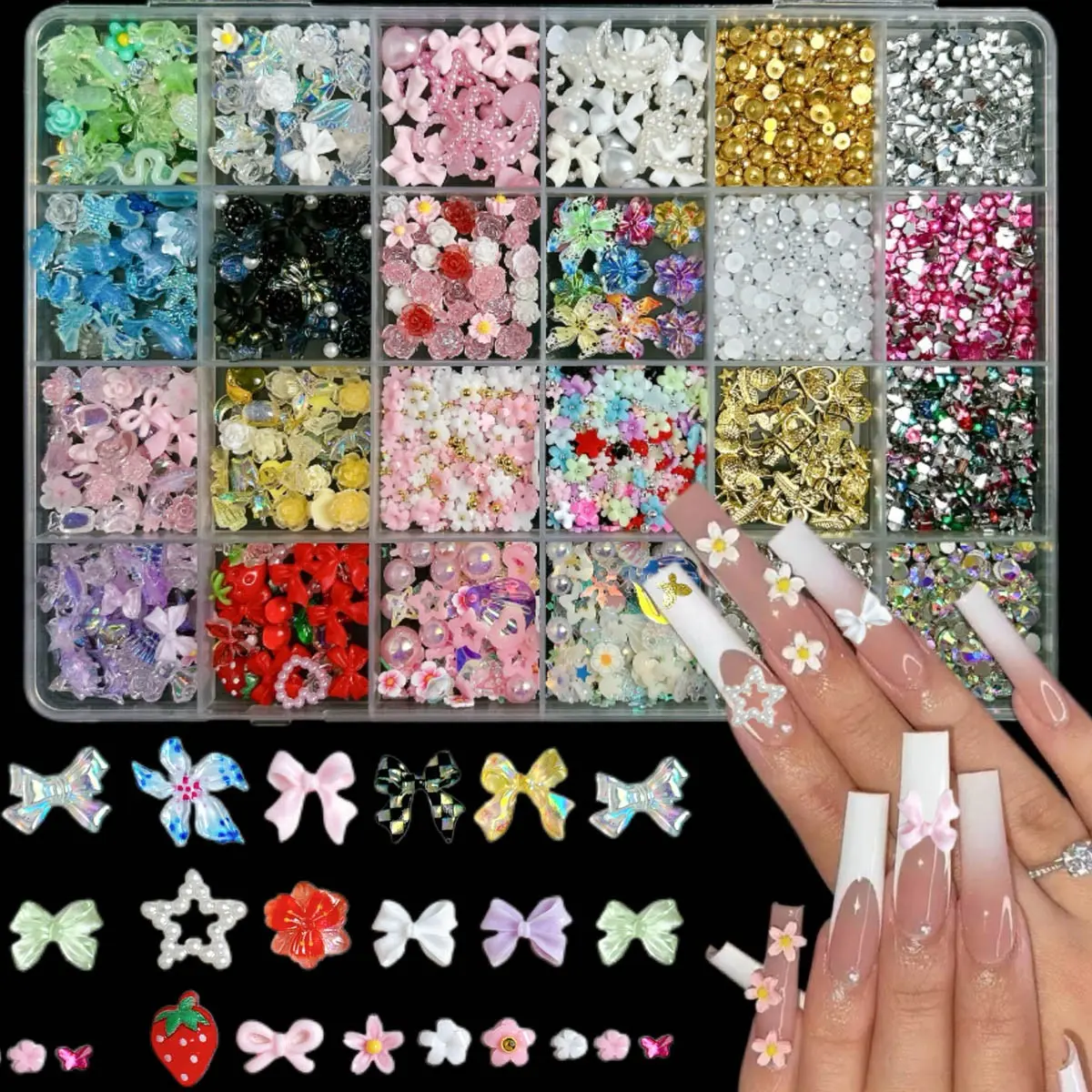 1Box Dopamine Colored Resin Flower Bow Nail Charms Semi-circular Rhinestones Pearl Mini Shell Feather Flakes Mixed Nail Decor DIY Elegant Bling Rhinestone Decorated Flower Nails Nail Art Supplies Nail Art Accessories Resin Nail Gems