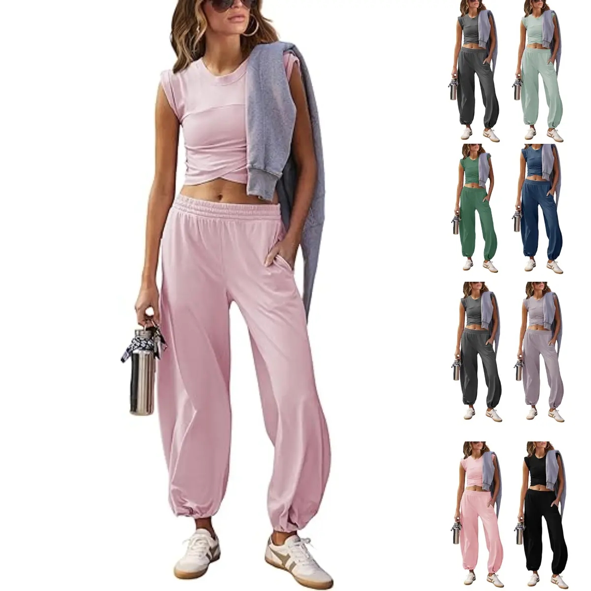 Molitree Women's 2 Piece Sweatsuits Sets Casual Workout Cropped Tee Top High Rise Sweatpants Athletic Tracksuits