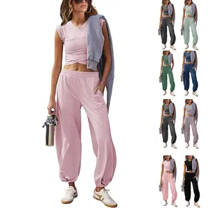Molitree Women's 2 Piece Sweatsuits Sets Casual Workout Cropped Tee Top High Rise Sweatpants Athletic Tracksuits