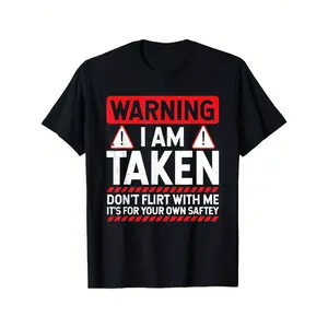 Men's Short-Sleeve Round Neck Funny Taken Husband Warning T-Shirt - Menswear - Don't Flirt with Me Graphic - Black with Red/White Caution Signs - Married Status Apparel - Regular Fit Casual - Machine Washable All-Season Top Tshirt