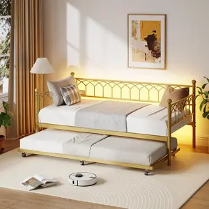 Gold Twin Size Daybed with Trundle,Sofa Bed Frame with Charging Station and LED Lights,Heavy Duty Metal Bed Frame,for Small Spaces,Living Room,Bedroom,Apartment