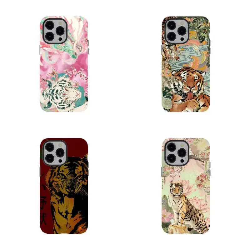 Custom Aesthetic Tiger Print Oriental Ink & Floral Cellphone Casing, Shockproof Protective Cover for iPhone 11/12/13/14/15/16/17 Pro-Promax-Plus-Air, Unisex Mobile Phone Accessory for Fans, Resistance, Accessories